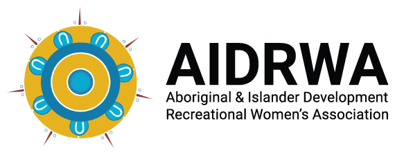 Blue and ochre concentric circles with 7 points next to AIDRWA Aboriginal and Islander Development Recreational Women's Association