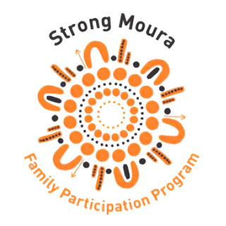 Strong Moura - Family Participation Program around Aboriginal artwork of orange and black dots and curves in a circle