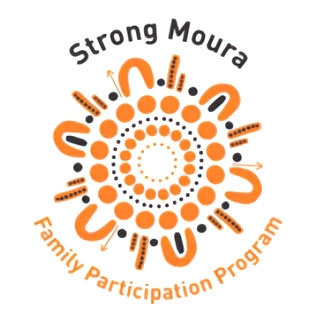 Strong Moura - Family Participation Program around Aboriginal artwork of orange and black dots and curves in a circle