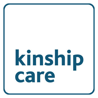 A blue square with white words kinship care