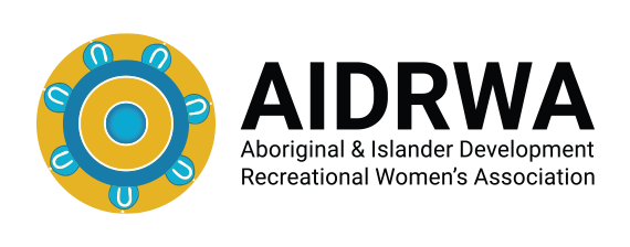 Blue and ochre circles next to AIDRWA Aboriginal and Islander Development Recreational Women's Association